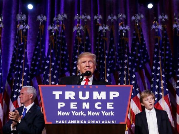 Republican president-elect Donald Trump delivers his acceptance speech during his election night event in New York City.
